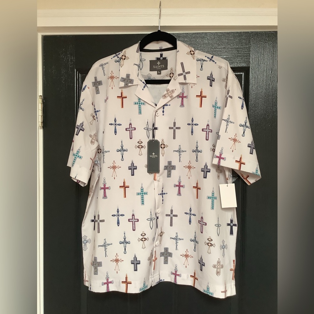 White Short-Sleeve Button-Down Shirt with Multicolor Cross Print